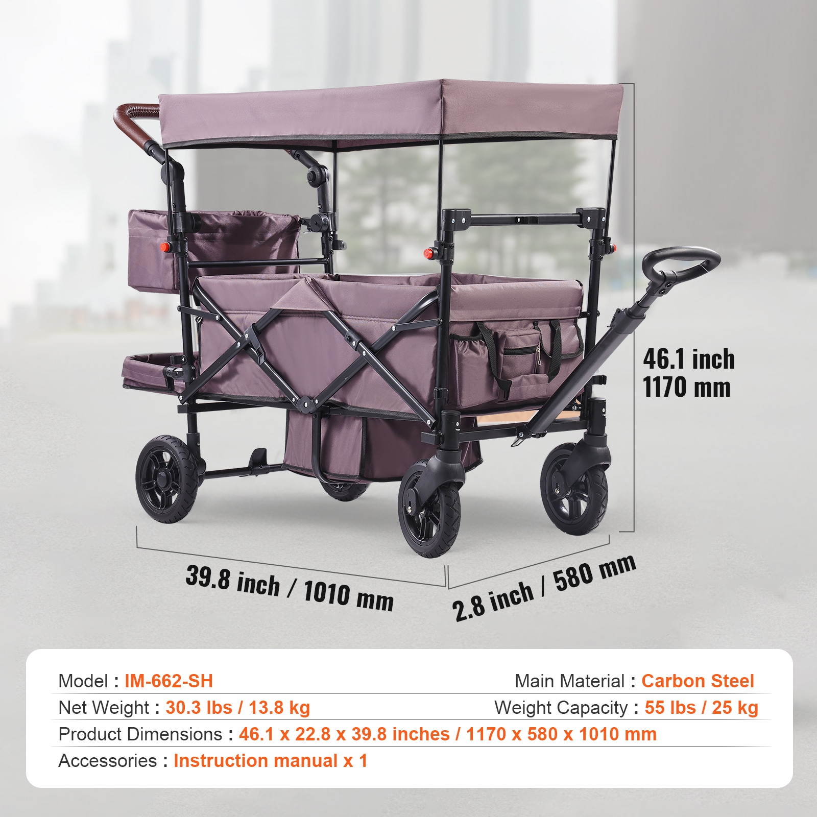 Folding Wagon Stroller For 2 Kids With Canopy And Adjustable Handle_voghion.com